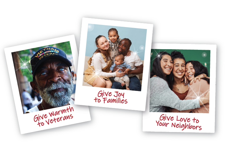 Three holiday polaroids with a veteran, family and friends.